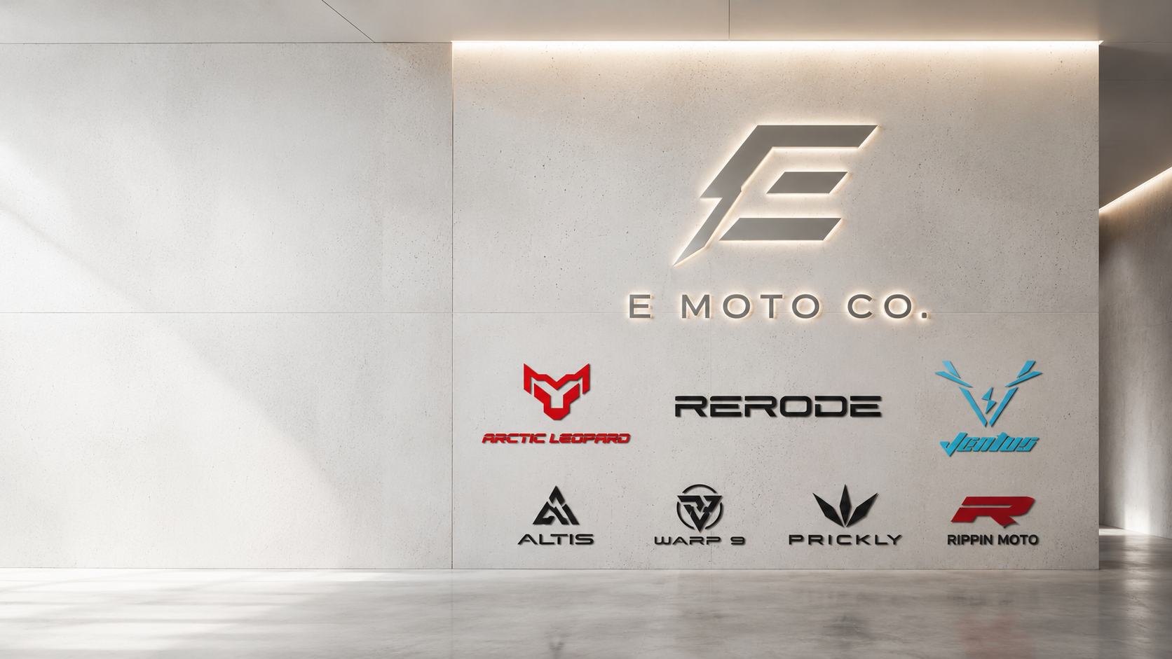 E Moto Co. showroom wall with brand logos