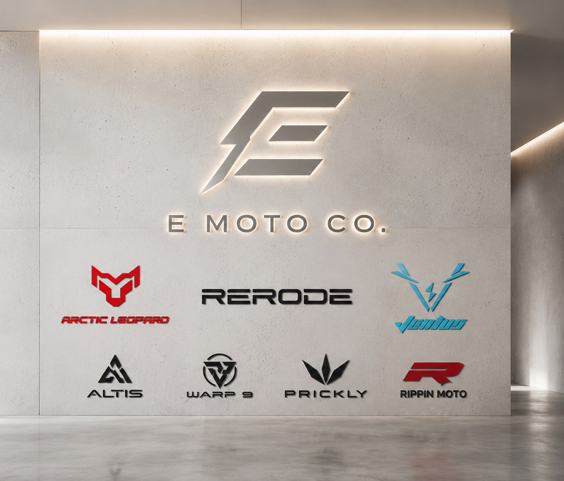 E Moto Co. showroom wall with brand logos